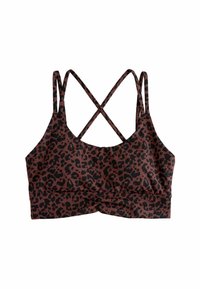 Bralette de estampado de leopardo en marrón oscuro y negro. Presenta una tela suave, tirantes en la espalda cruzados y una banda elástica fruncida en la parte inferior.