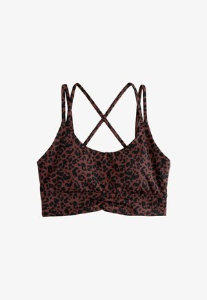 Bralet s uzorkom leopard u tamnosmeđoj i crnoj boji. Ima mekani materijal, prečni remen na leđima i nabrani elastični pojas na dnu.