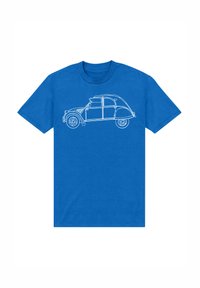 T-shirt in cotone blu con una linea bianca che raffigura un'auto d'epoca sul davanti. Maniche corte e design a girocollo.