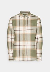 Chemise à manches longues boutonnée avec un motif à carreaux beige, vert et blanc et une poche poitrine sur fond uni.