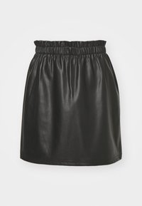 Gonna in pelle nera con elastico in vita, caratterizzata da una texture liscia e un design lungo fino al ginocchio, senza ulteriori motivi o decorazioni.