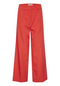 Wide-leg trousers in bright red fabric. Features a high waist with front pleats and belt loops. Smooth texture, no visible patterns or accents.
