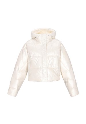 Gekürzte Steppjacke aus glänzendem weißem Material mit Kapuze, ausgestattet mit einem Reißverschluss vorne, elastischen Bündchen und horizontalen Steppnähten.