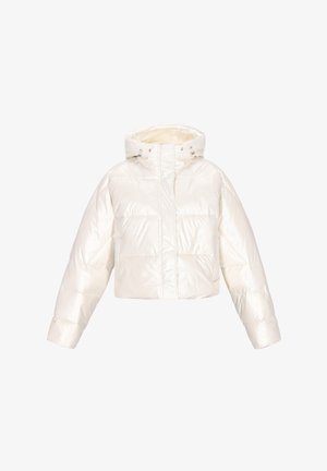 Gekürzte Steppjacke aus glänzendem weißem Material mit Kapuze, ausgestattet mit einem Reißverschluss vorne, elastischen Bündchen und horizontalen Steppnähten.