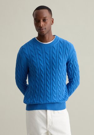 Maglione in lavorazione a trecce di un blu vivace, con scollatura rotonda e polsini e fondo a coste. Indossato sopra una t-shirt bianca, con un motivo testurizzato.