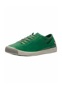 Sneaker verde in pelle con punta arrotondata, superficie testurizzata e suola in gomma grigia. Presenta lacci grigi e un piccolo logo sul lato.