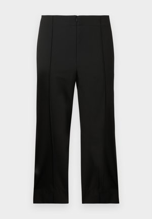 Black tailored trousers with a straight-leg fit, smooth fabric, center front crease, and discreet back zip closure.