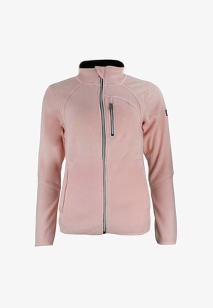 Chaqueta de forro polar rosa claro con cuello alto, cremallera completa en la parte delantera y dos bolsillos laterales. Presenta detalles de costuras y un pequeño logo en la manga.