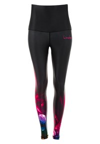 Black high-waisted leggings with colorful gem patterns in blue, pink, and green. Made of stretchy material with a smooth texture.