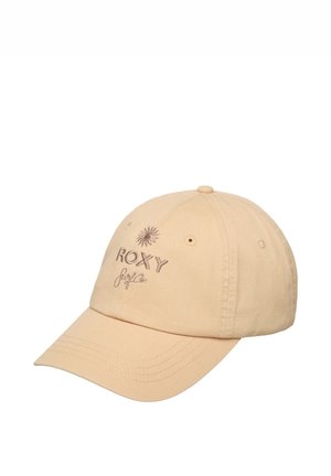 Beige Baseballkappe mit gebogenem Schirm, bestickt mit einem Sonnensymbol und dem Wort ROXY auf dem Vorderteil.