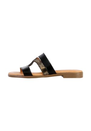 Black leather slide sandal with two wide straps and a patterned accent. Flat sole, open toe design, smooth texture, stylish and modern appearance.