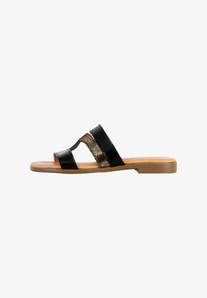 Black leather slide sandal with two wide straps and a patterned accent. Flat sole, open toe design, smooth texture, stylish and modern appearance.