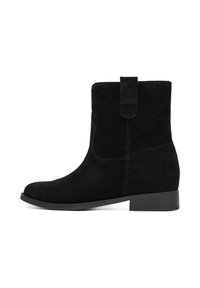 Botine negre din suede, cu talpă plată, vârf rotunjit și bandă laterală pentru a fi trase. Au o textură fină și un design minimalist.