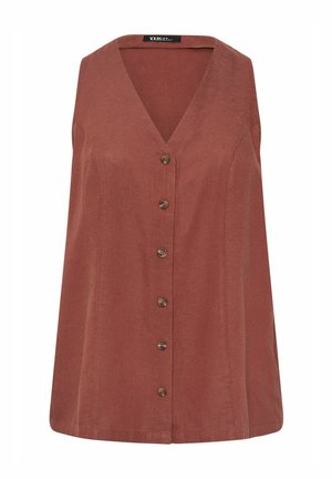 Ärmellose Weste in rostbraun mit Knopfleiste und V-Ausschnitt, sechs Knöpfe vorne, aus strukturiertem Stoff.