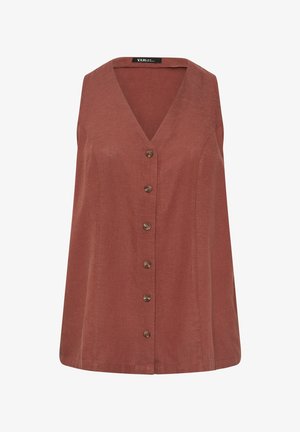 Ærmeløs rustbrun vest med knapper, V-hals og seks knapper foran, lavet af tekstureret stof.