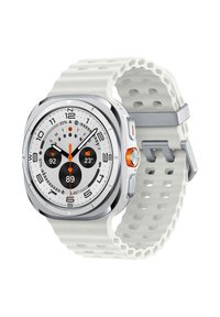 Smartwatch with white perforated strap, silver case, analog-digital display showing time, heart rate, temperature, and step count.