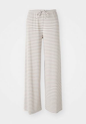Pantalons large en tissu léger, avec des rayures horizontales beige et blanches. Taille élastique avec cordons de serrage.