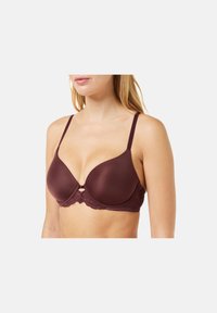 Burgundy padded bra with lace trim and scalloped edges. Features adjustable straps and a decorative central hardware detail.