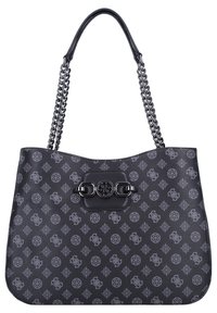 Sac fourre-tout en cuir noir avec des poignées en chaîne métallique, arborant un fermoir logo décoratif et un motif de dessins gris à travers tout le sac.