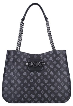 Sac fourre-tout en cuir noir avec des poignées en chaîne métallique, arborant un fermoir logo décoratif et un motif de dessins gris à travers tout le sac.