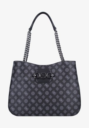 Borsa tote in pelle nera con manici in catena metallica, dotata di una chiusura decorativa con logo e un motivo di design grigi su tutta la superficie.