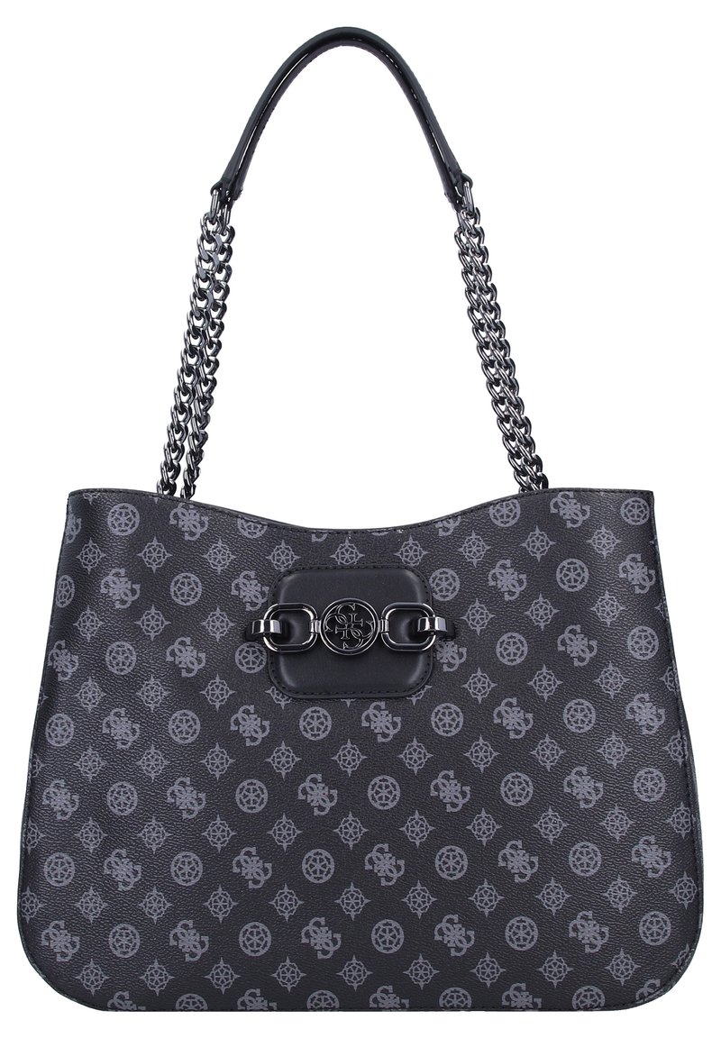 Sac fourre-tout en cuir noir avec des poignées en chaîne métallique, arborant un fermoir logo décoratif et un motif de dessins gris à travers tout le sac.