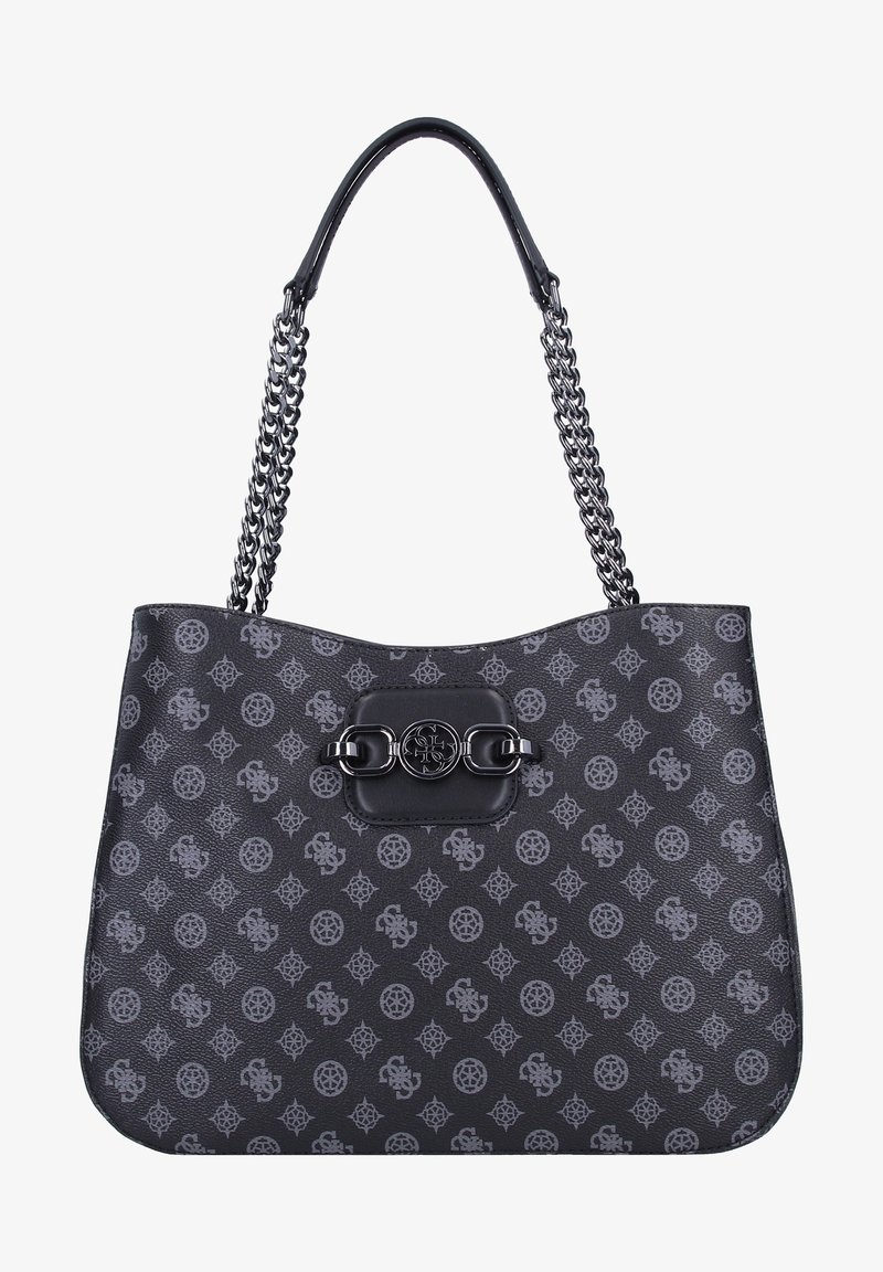 Schwarze Leder-Tote-Tasche mit Metallkettenhenkeln, ausgestattet mit einem dekorativen Logo-Verschluss und einem Muster aus grauen Designs.