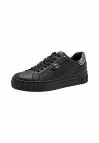 Black low-top sneaker with textured side panels, thick sole, black laces, and metallic accent on heel, shown on white background.