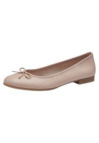 Vaaleanpunaiset nahka-balettilenkkarit, joissa on pyöreä kärki, pieni nauha etuosassa ja matala paksu kanta. Silkkinen pinta ja minimalistinen muotoilu.