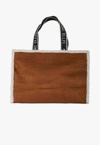 Brown tote bag with a plush cream trim, featuring black handles with white text branding, rectangular shape, and soft texture.