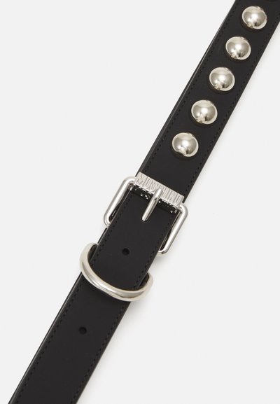 Black leather belt with five shiny silver studs, featuring a rectangular silver buckle with brand engraving and a round metal loop.