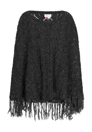 Zwarte gebreide cardigan met een losse weving, ronde halslijn, knopen aan de voorkant en een franjerand. Gecombineerd met glanzende draadaccenten.