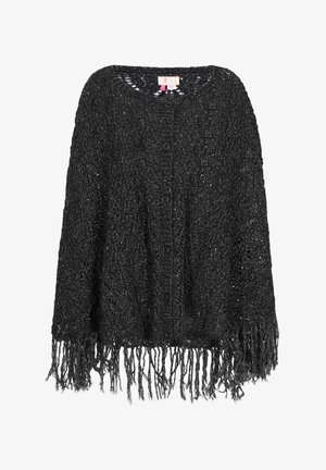 Black knitted cardigan featuring a loose weave, round neckline, front buttons, and fringed hem. Textured with shiny thread accents.