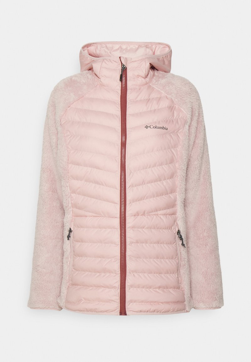 Rosa Jacke mit gestepptem Design an der Front und weichem, flauschigem Stoff an den Ärmeln. Enthält eine Kapuze und Reißverschlusstaschen auf der Vorderseite.