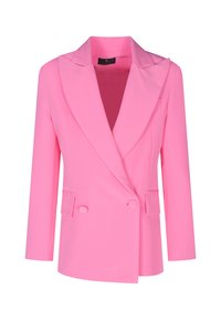 Blazer rosa con design doppiopetto, ampie rever a punta e due tasche frontali con dettagli in bottone. Tessuto dalla texture liscia.