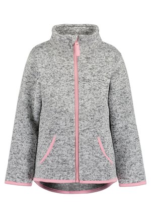 Szara dzianinowa kurtka na zamek z różowym wykończeniem, wysokim kołnierzem, pełnym przednim zamkiem i dwoma przednimi kieszeniami, przedstawiona na białym tle.