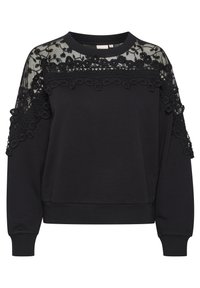 Sweatshirt noir avec des détails en dentelle sur les épaules, broderies florales et poignets côtelés. Fabriqué en tissu doux, il présente une coupe décontractée.