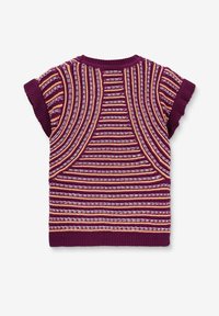 Haut en tricot à manches courtes de couleur violet foncé, avec des rayures verticales dorées et crème. Encolure et manches côtelées avec un motif texturé.