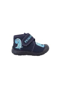 Stivale nautico per bambini con ricamo di dinosauro blu, cinturino in Velcro, suola in gomma e tomaia in tessuto morbido. Design con punta rotonda, caviglia imbottita.