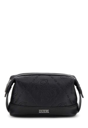 Borsa cosmetica nera con motivo logo in rilievo, pelle sintetica testurizzata, chiusura con zip e accessori in metallo argentato. Design compatto e rettangolare.