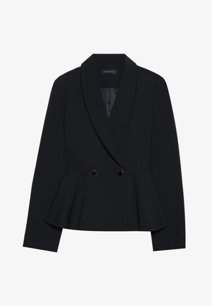 Blazer peplum nero con rever a punta, chiusura a doppio bottone con accenti dorati e forma strutturata. Tessuto dalla texture liscia.