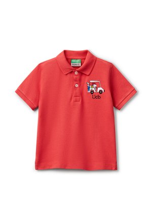 Rode polo shirt van een katoenmix, met een kraag, korte mouwen en een geborduurd ontwerp van een auto met karakters.
