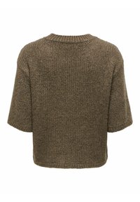 Brown knitted sweater with short sleeves, a wide round neckline, and a textured pattern. The hem is slightly cropped at the waist.