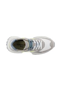 Gray and white sneaker with a textured suede and mesh upper, blue laces, and neon green accents. Flat rubber sole with patterned tread.