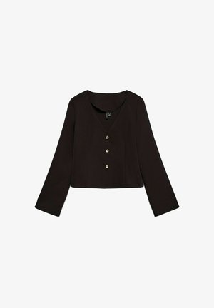 Crna kratka jakna s dugim rukavima, V-izrezom i pet metalnih gumba sprijeda. Glatki materijal bez vidljivih uzoraka.