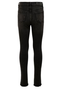 Svarte skinny jeans i denim med høy midje, med en frynset kant, to baklommer og en glatt, litt slitt tekstur.