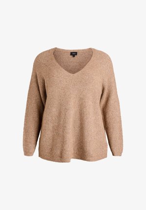 Helles braunes, gestricktes Sweatshirt mit tiefem V-Ausschnitt, langen Ärmeln und lockerer Passform. Gerippte Struktur über das gesamte Material. Etikett am Ausschnitt sichtbar.