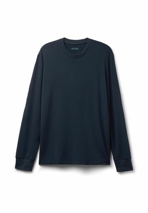 Granatowa koszulka z długim rękawem wykonana z miękkiego materiału. Posiada okrągły dekolt i prążkowane mankiety. Prosty, jednolity kolor bez wzorów.