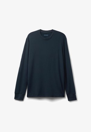 T-shirt à manches longues en marine fabriqué à partir d'un tissu doux. Il présente un col rond et des poignets côtelés. Couleur unie simple sans motifs.