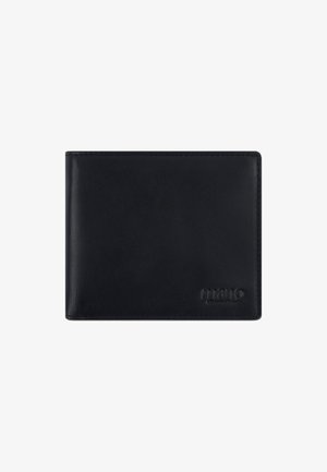 Zwarte leren bifold portemonnee met het verdiept gedrukt "mano" logo in de rechterbenedenhoek op een witte achtergrond.